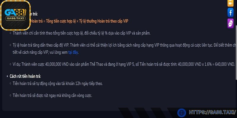 Tỷ lệ hoàn tiền cụ thể theo sản phẩm và cấp VIP